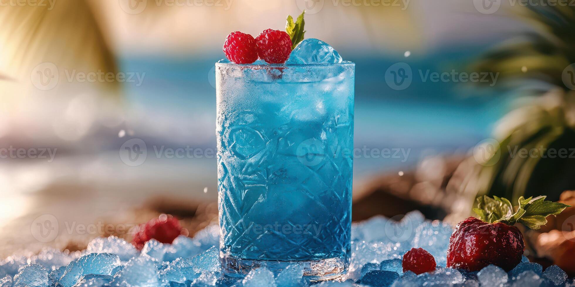 Refreshing tropical cocktail with vibrant blue color, garnished with raspberries and mint, set against a beach backdrop photo