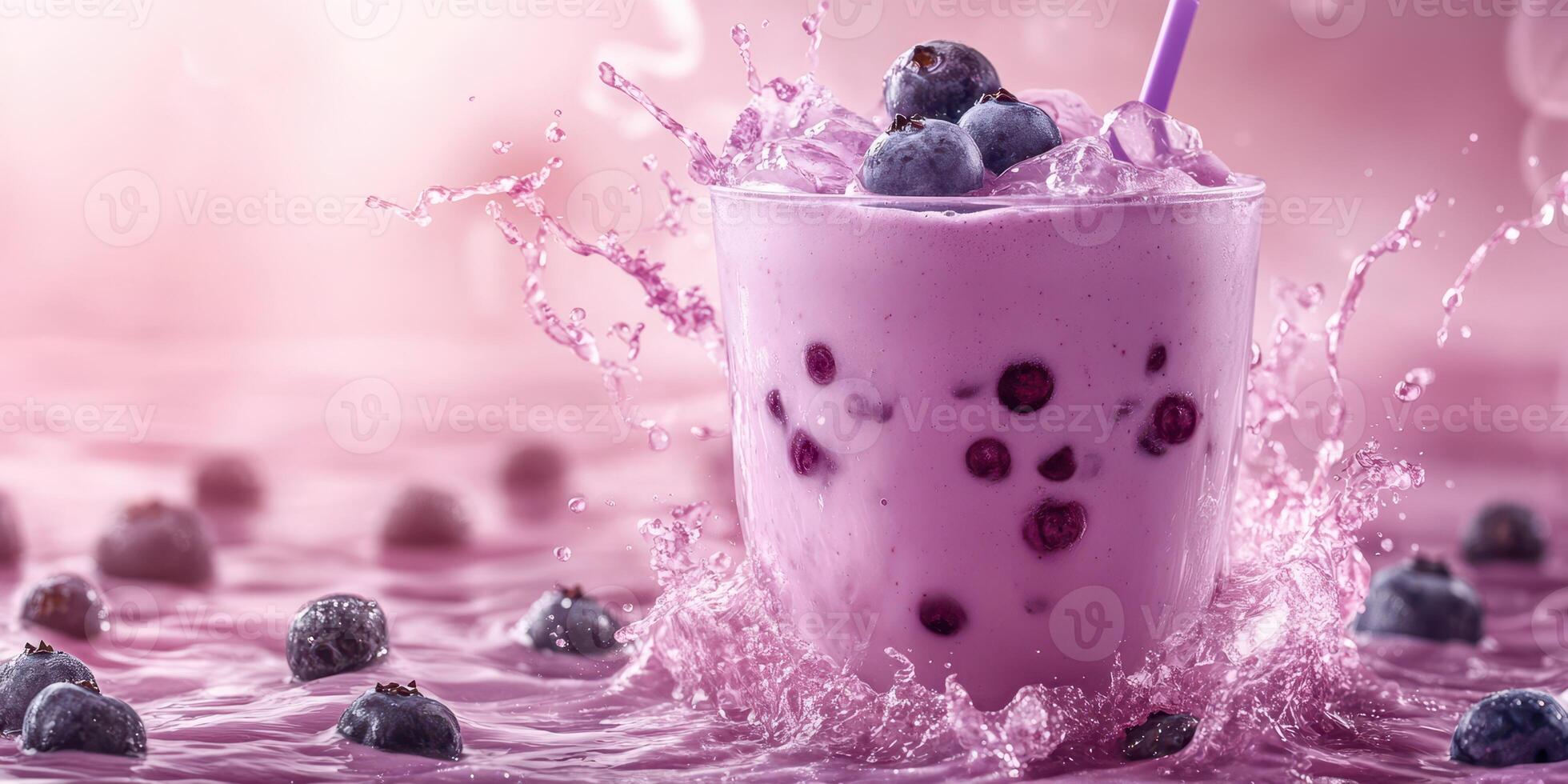Refreshing berry smoothie splashes in vibrant pink environment with blueberries falling around photo