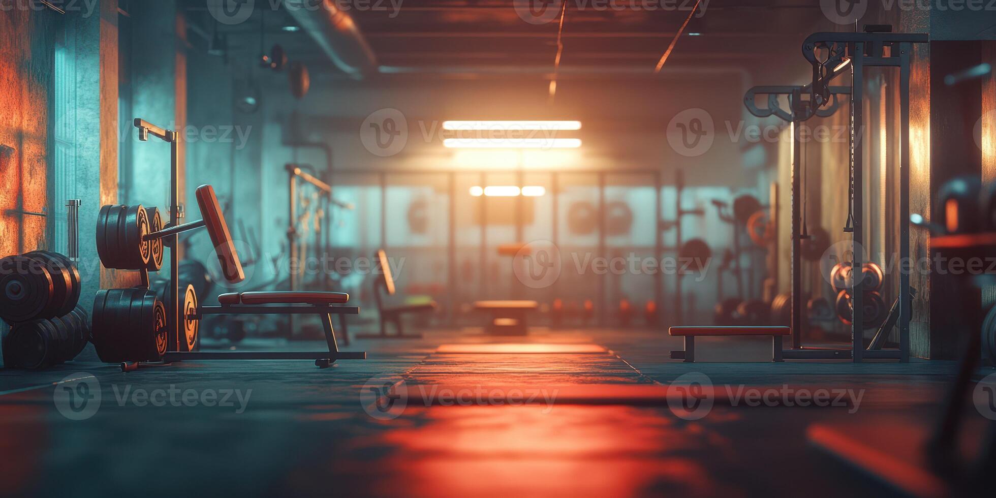 Modern gym interior with weights and benches illuminated by warm lighting during early morning hours photo