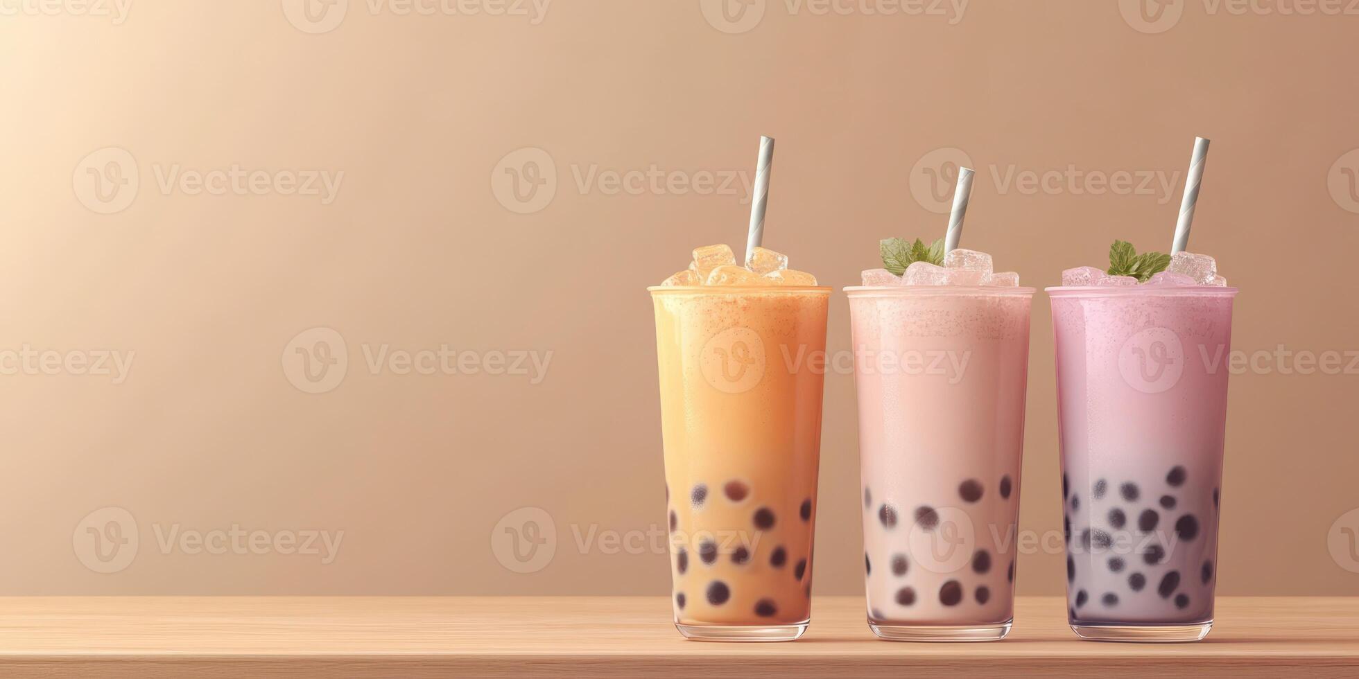 Colorful bubble tea drinks arranged on a wooden table highlighting various flavors and toppings in a warm setting photo