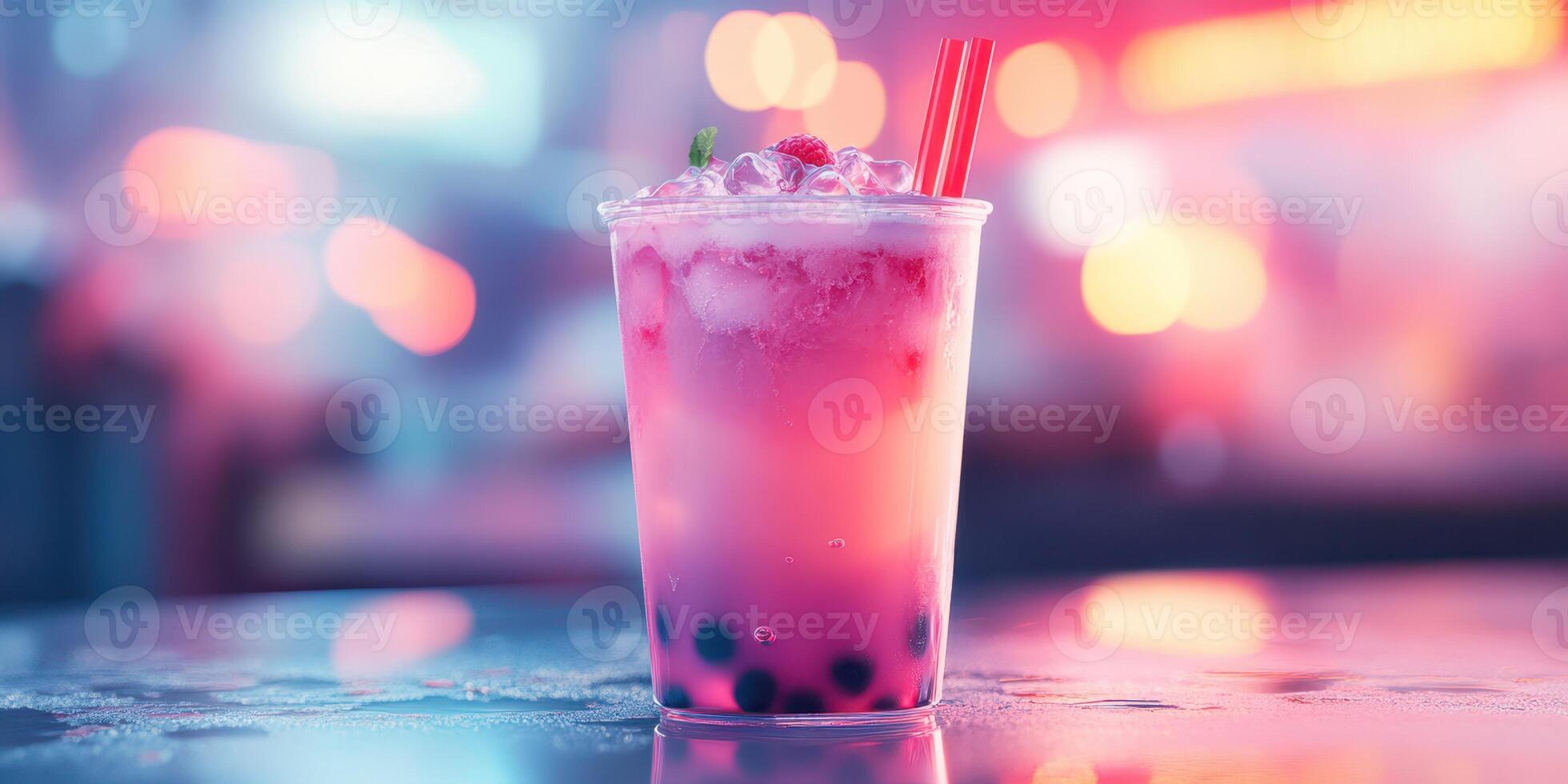Refreshing colorful drink served in a cup with ice, bubbles, and vibrant hues at an outdoor setting during evening hours photo