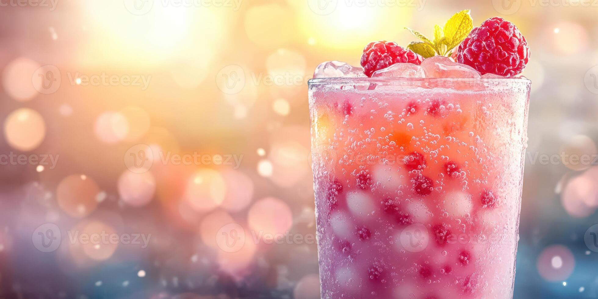 Refreshing raspberry beverage with ice served against a glowing background at sunset photo