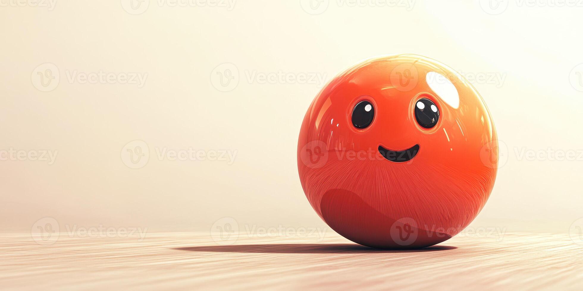 Cute orange spherical character with a happy expression on a wooden surface in a softly lit environment photo