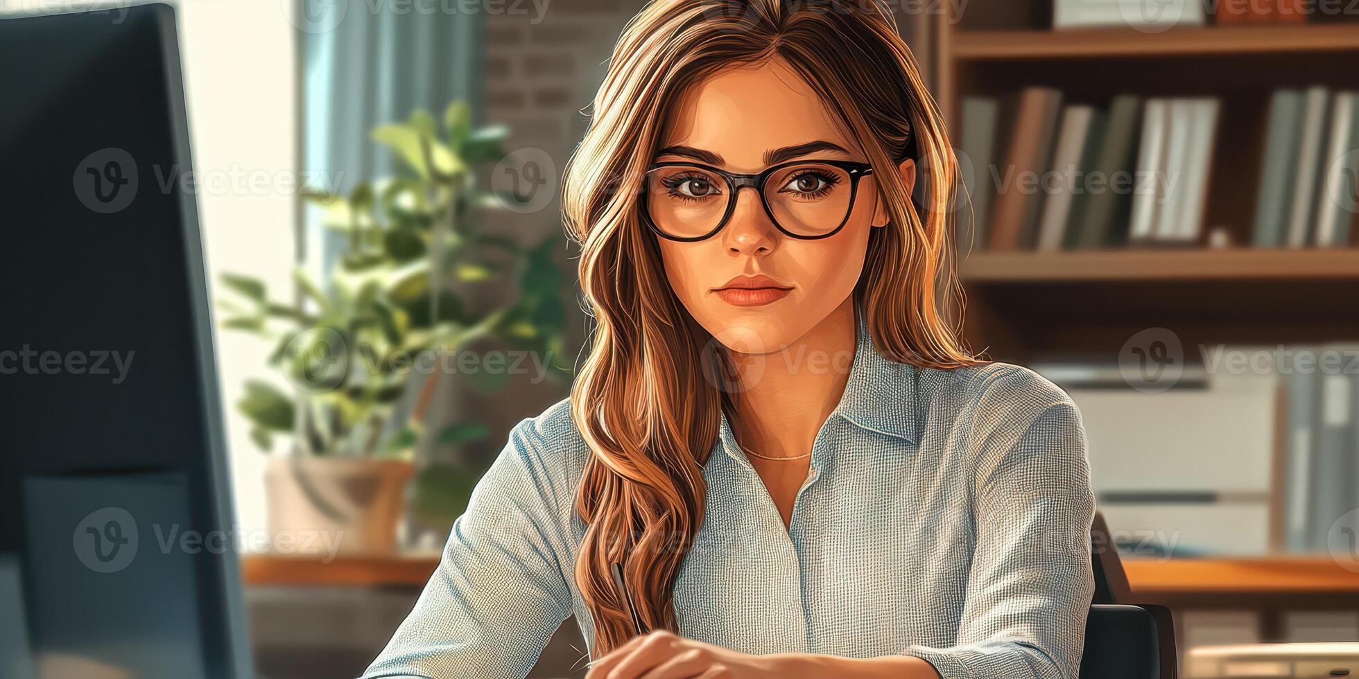 Focused professional woman working at desk with computer in modern office setting during daylight hours photo
