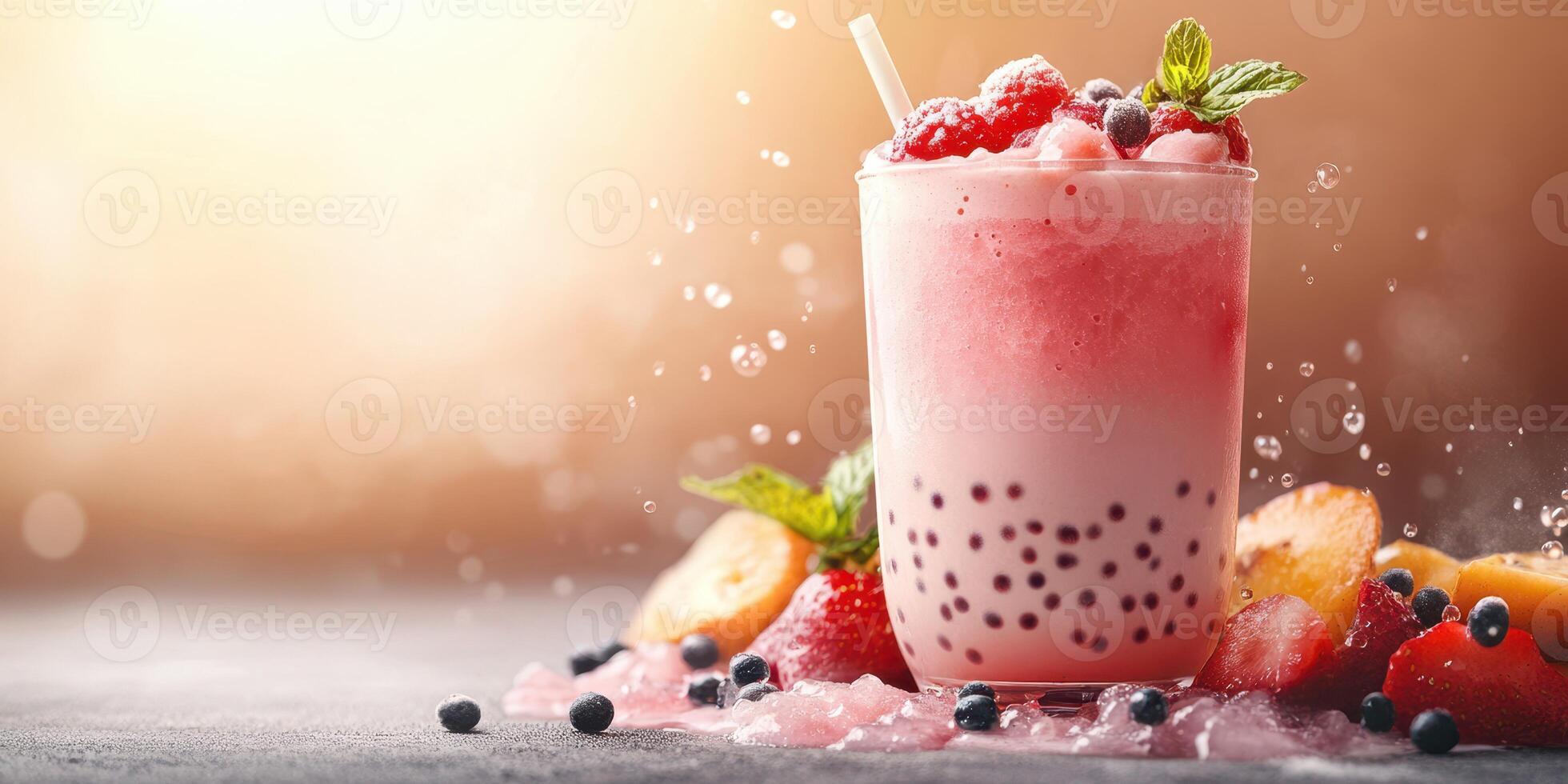 Refreshing bubble tea served with fresh fruits during a summer gathering photo