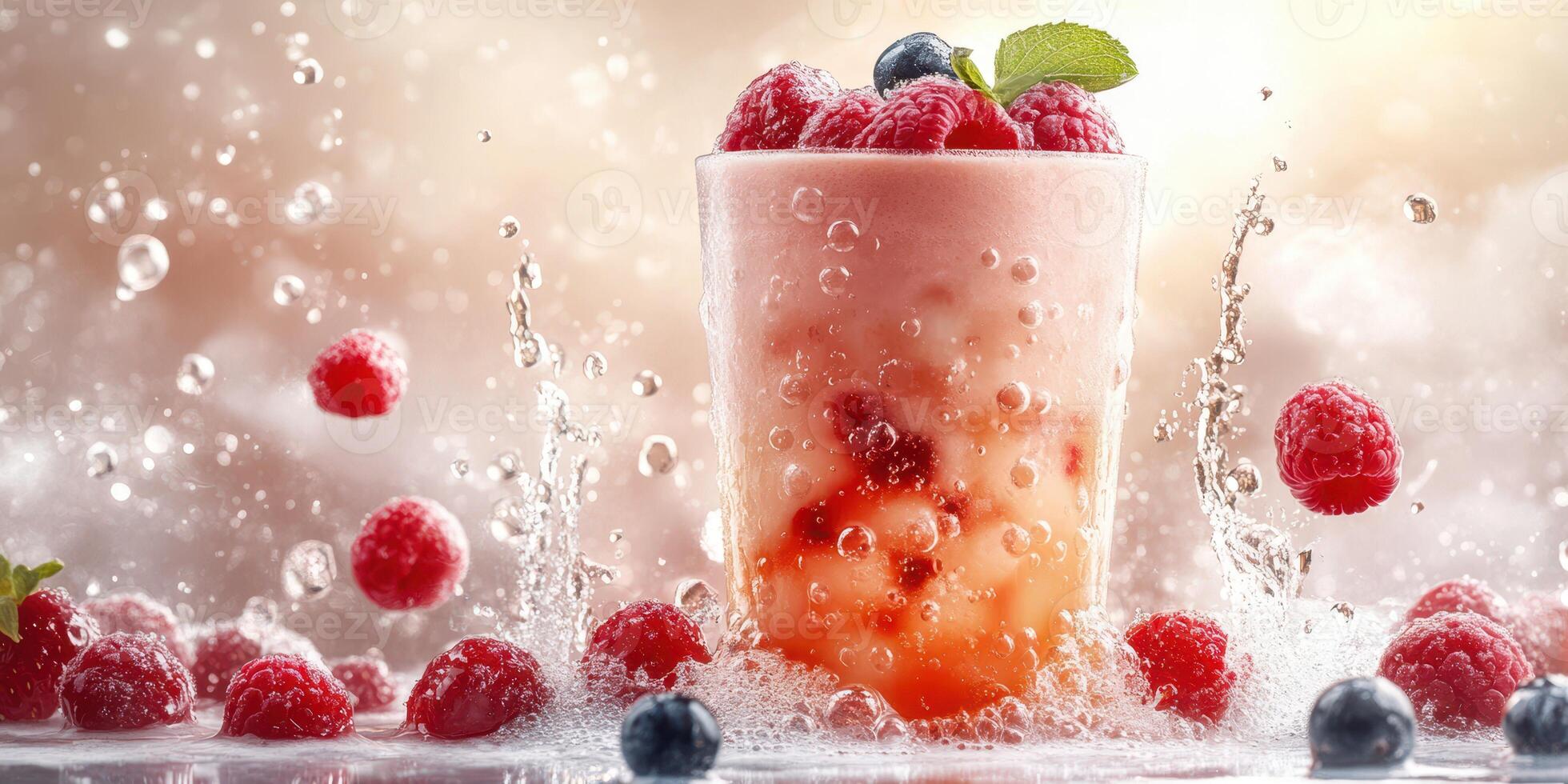 Refreshing berry smoothie in a clear glass with splashes at a bright kitchen setting during summer afternoons photo