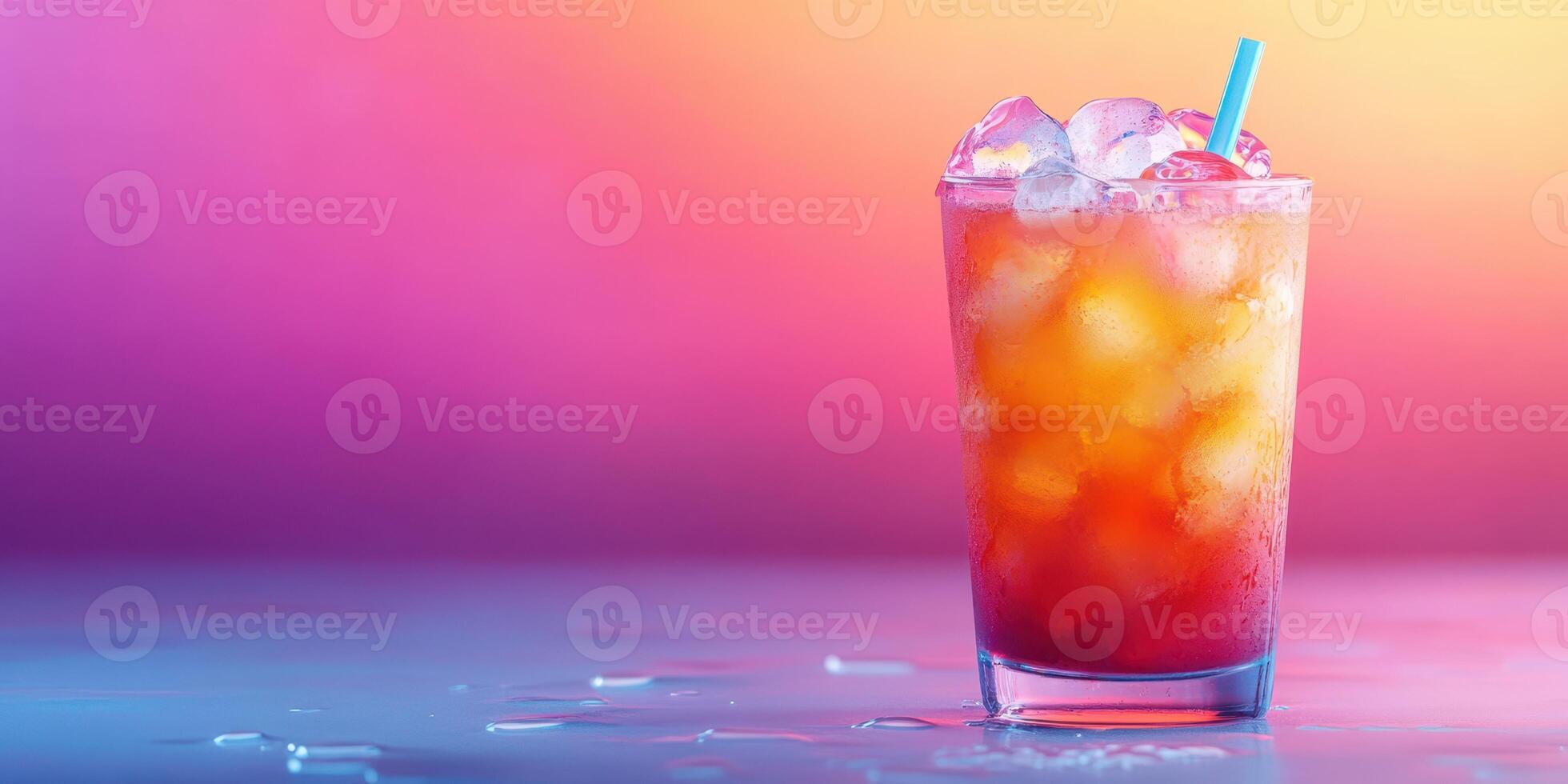 Refreshing tropical drink with ice served in a clear glass against a colorful background photo