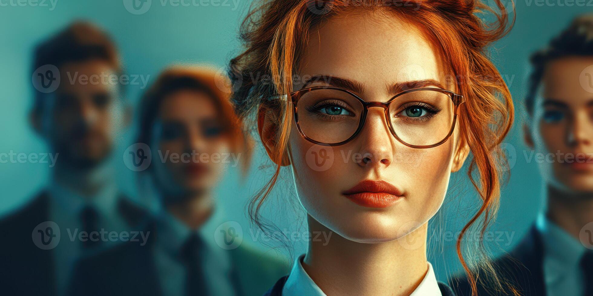Confident businesswoman leads a team in a corporate setting during a strategic meeting photo