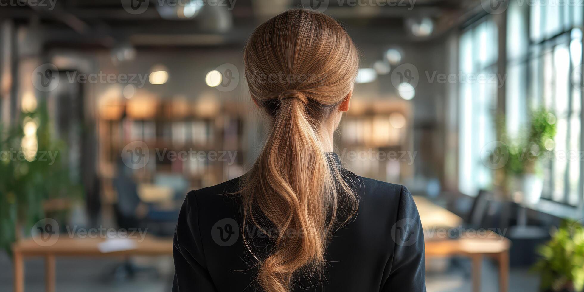 Business professional observing a modern office environment in an urban workspace during daylight hours photo