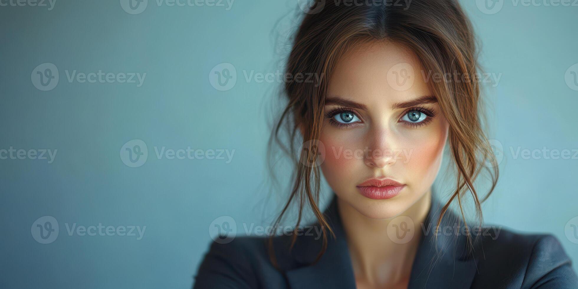 Young woman poses confidently with a serious expression against a neutral background in a studio setting photo