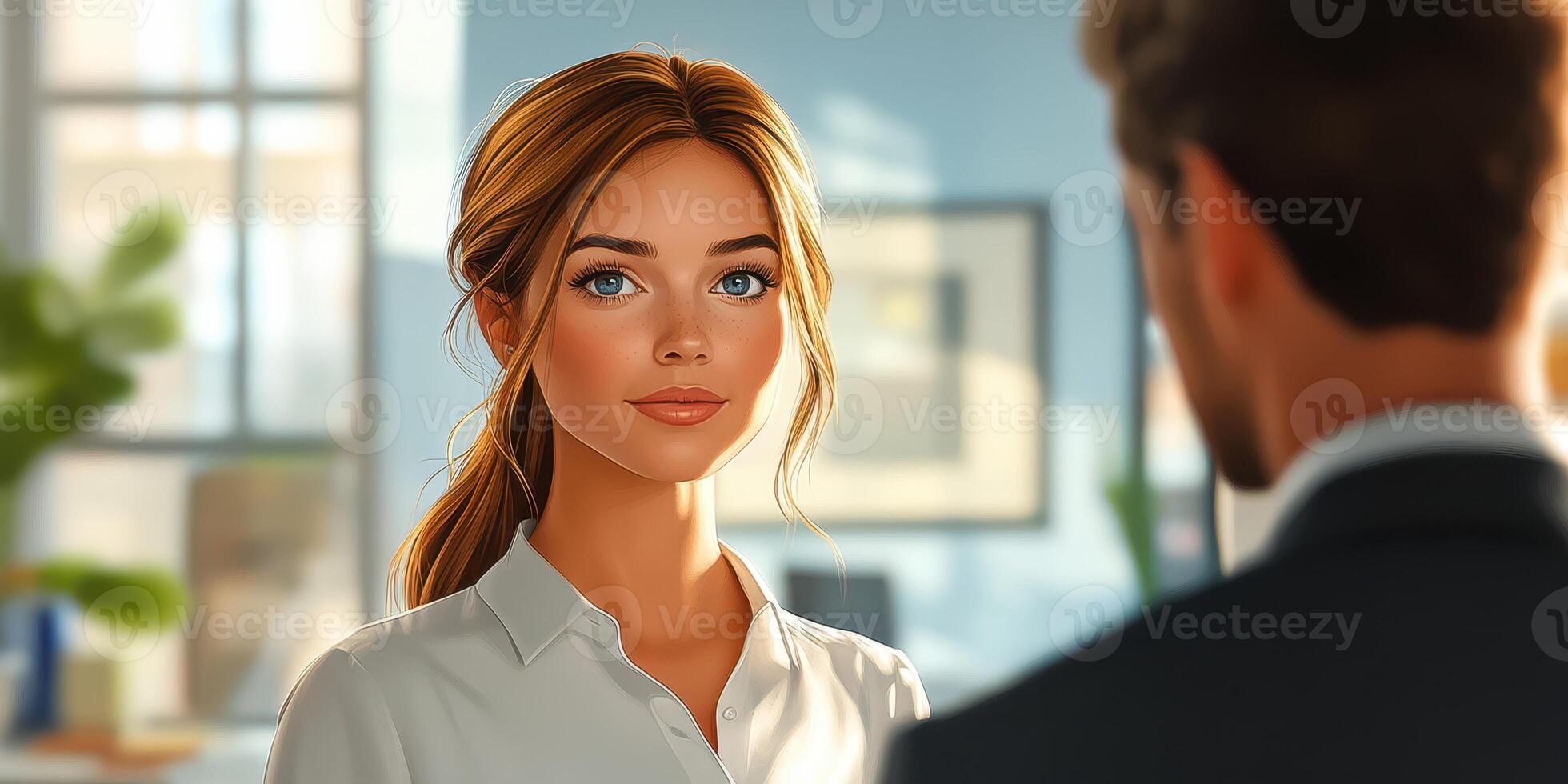 Professional discussion takes place in a modern office setting during the day photo