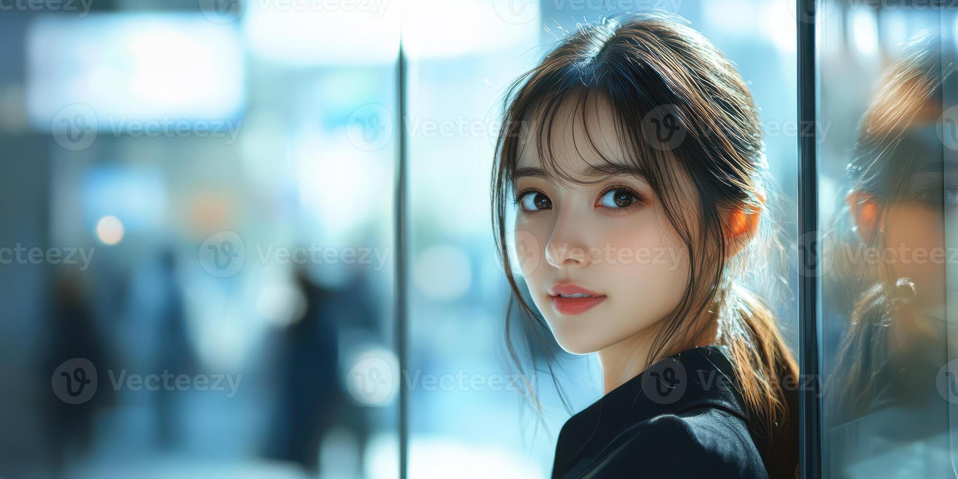 Young woman with a gentle expression stands in a bustling urban environment during daylight photo