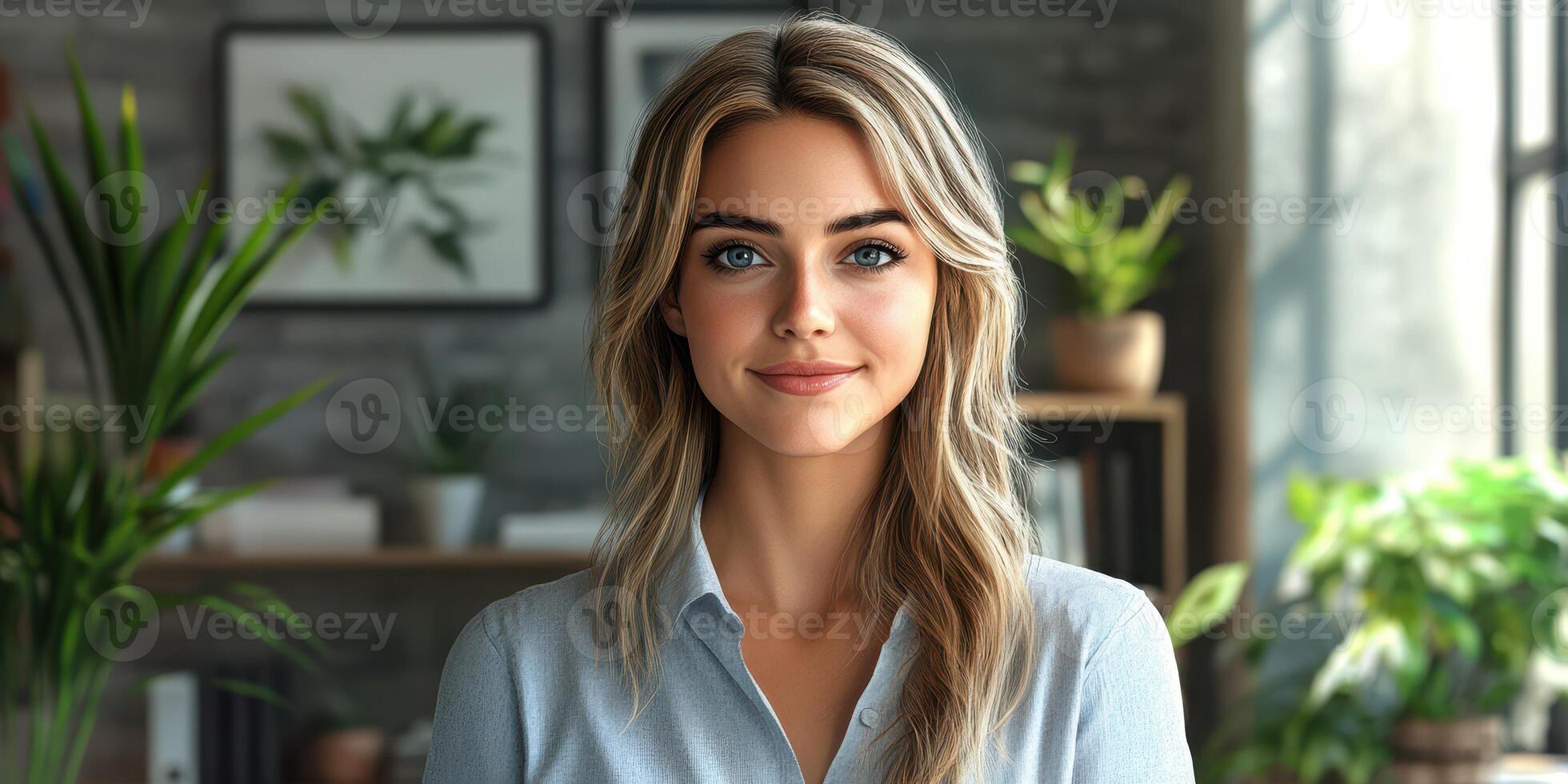Young woman with long hair smiling indoors surrounded by plants and artistic decor in a bright setting photo