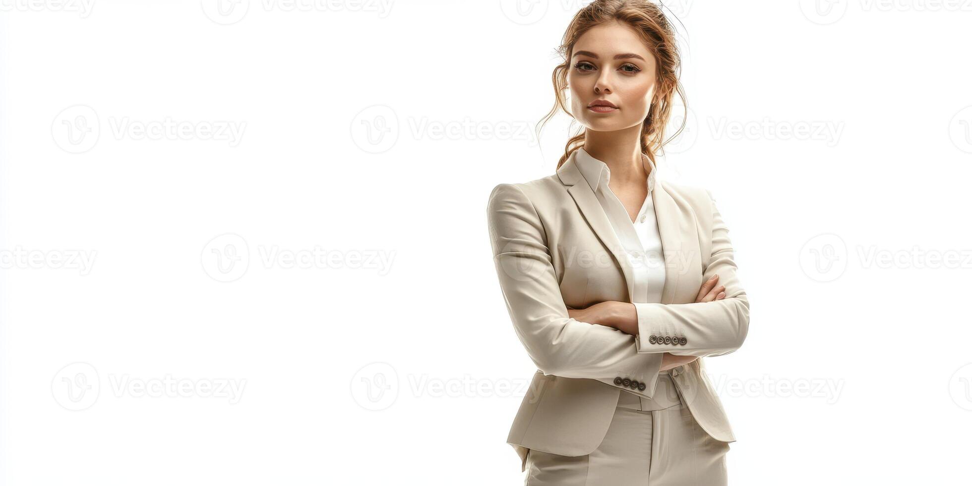 Confident business professional standing with arms crossed in a tailored suit against a bright background photo