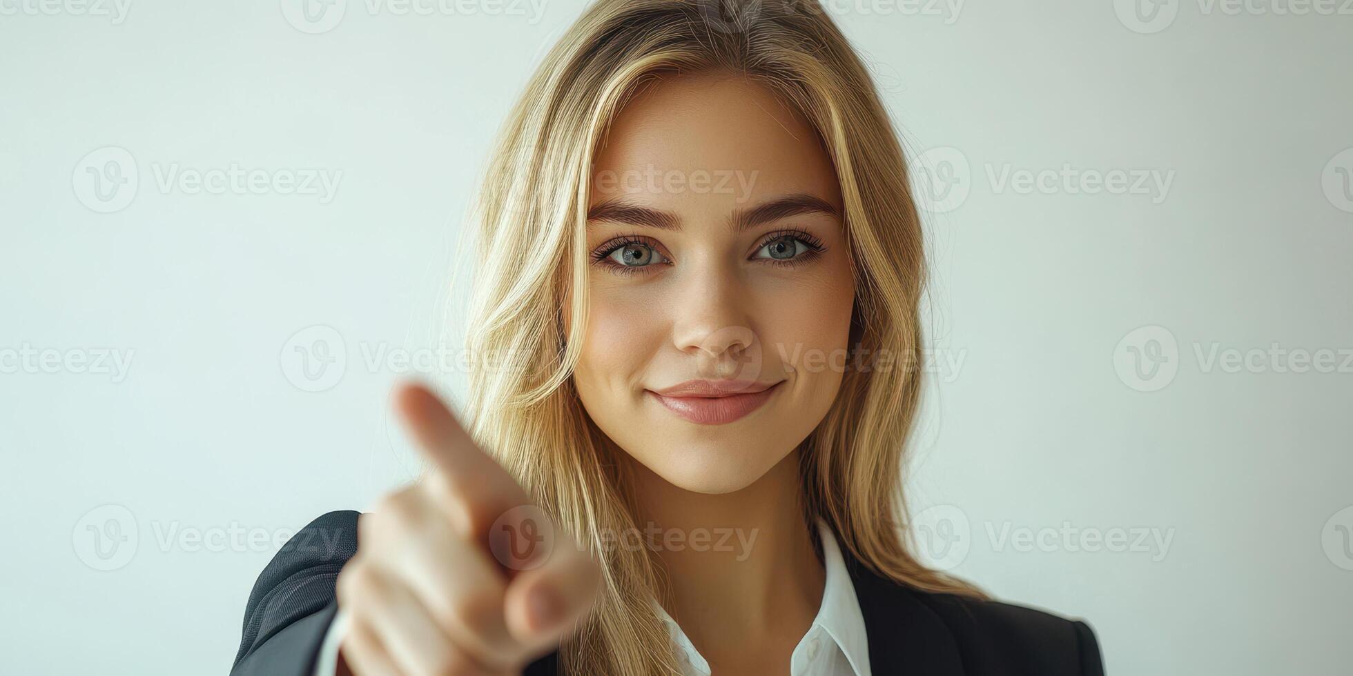 Confident young woman pointing directly at the camera in a professional setting during daylight hours photo