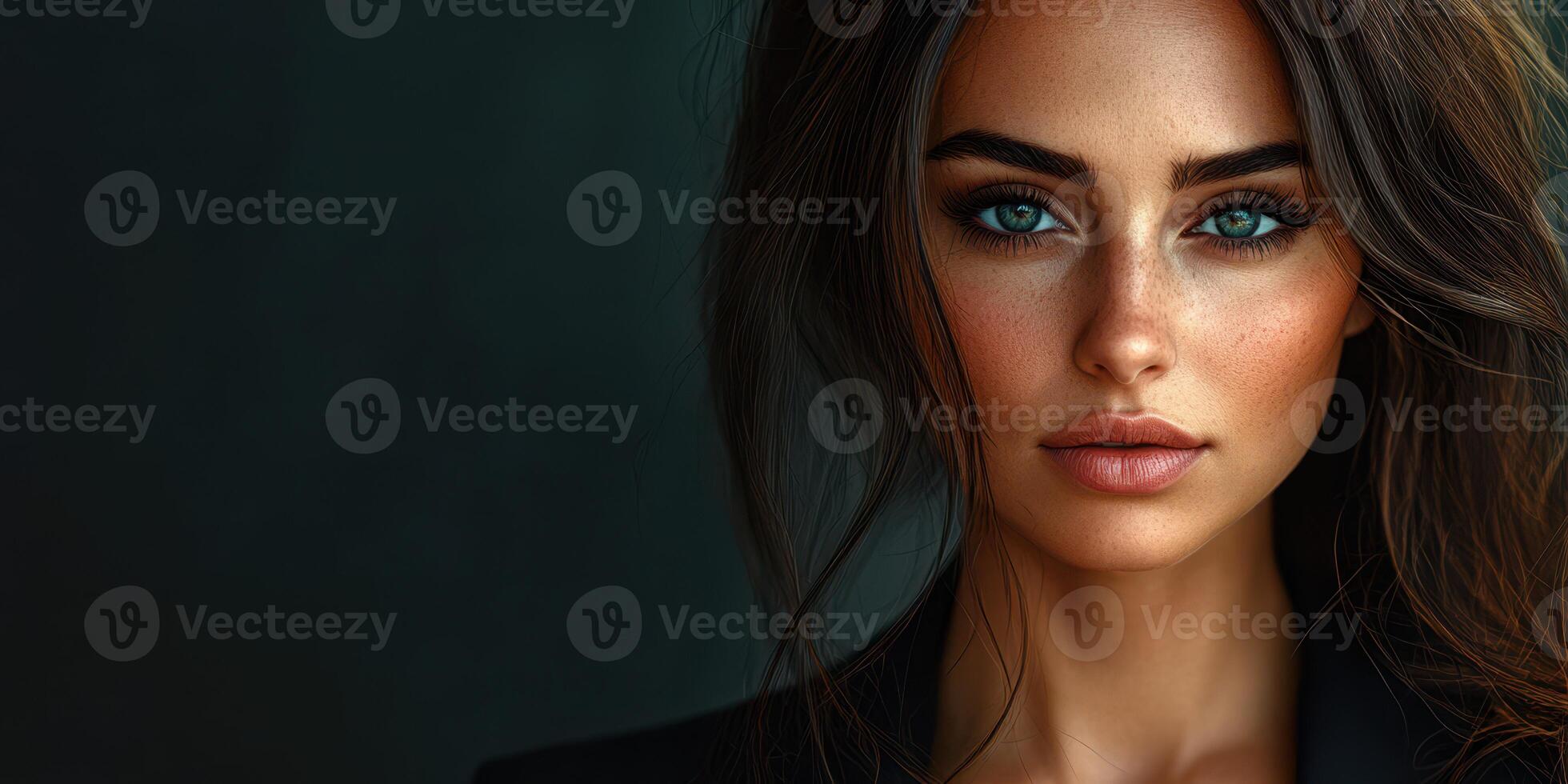Stunning portrait of a woman with striking blue eyes and long hair in soft lighting against a dark background photo