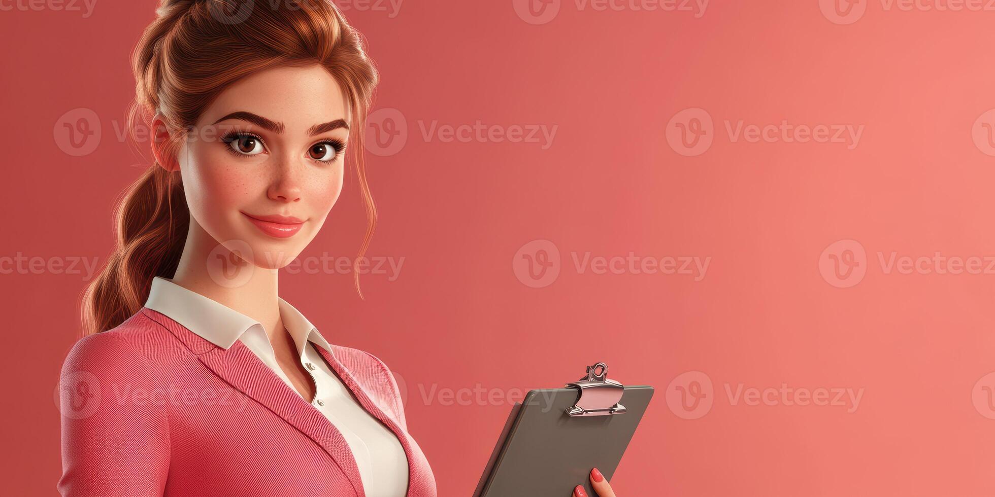 Confident woman in professional attire holding clipboard against a soft pink background photo