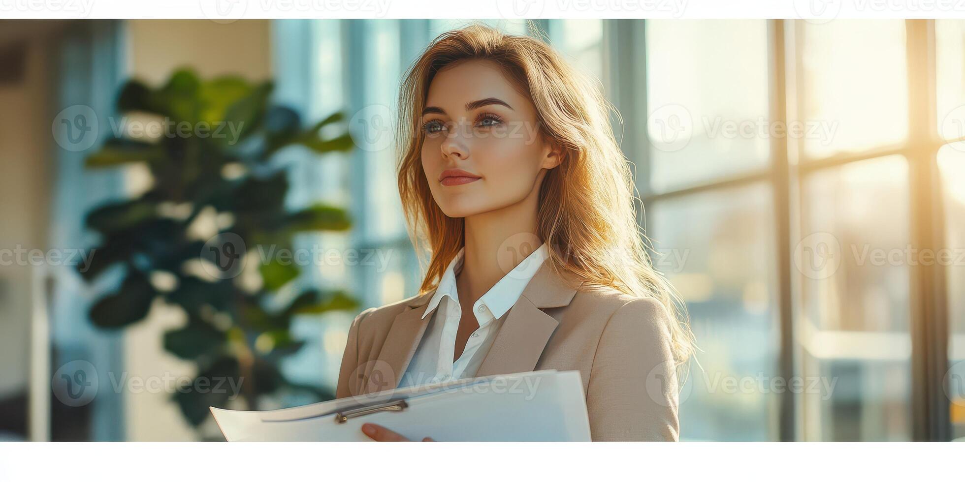 Professional woman in smart suit reflecting confidence in modern office setting during golden hour photo