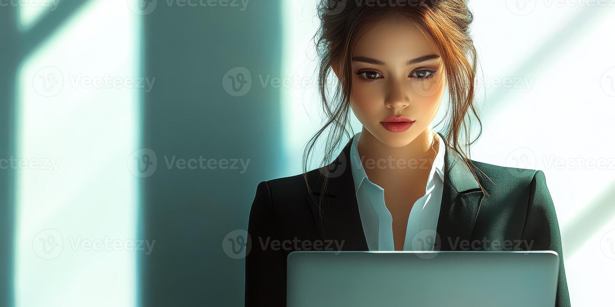 Woman in business attire focused on laptop at modern workspace during early morning hours photo