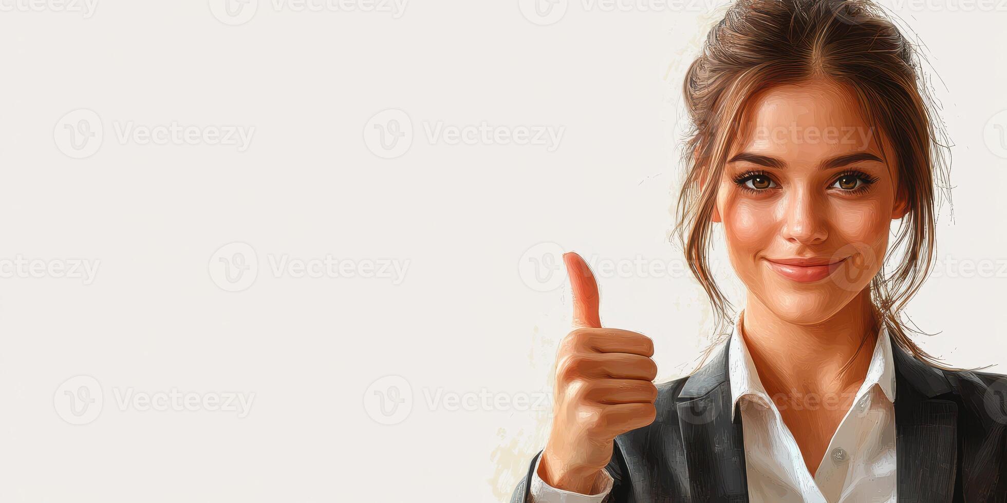 Confident businesswoman giving thumbs up in a professional attire with a warm smile photo