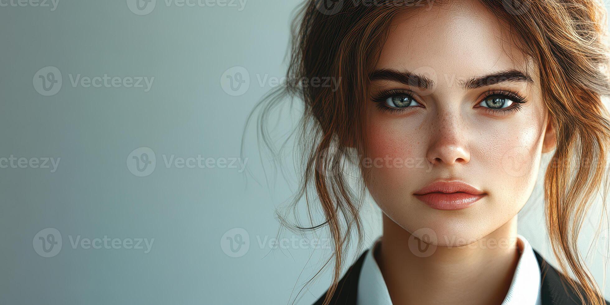 Beautiful young woman with captivating eyes posing against a soft background during golden hour light photo