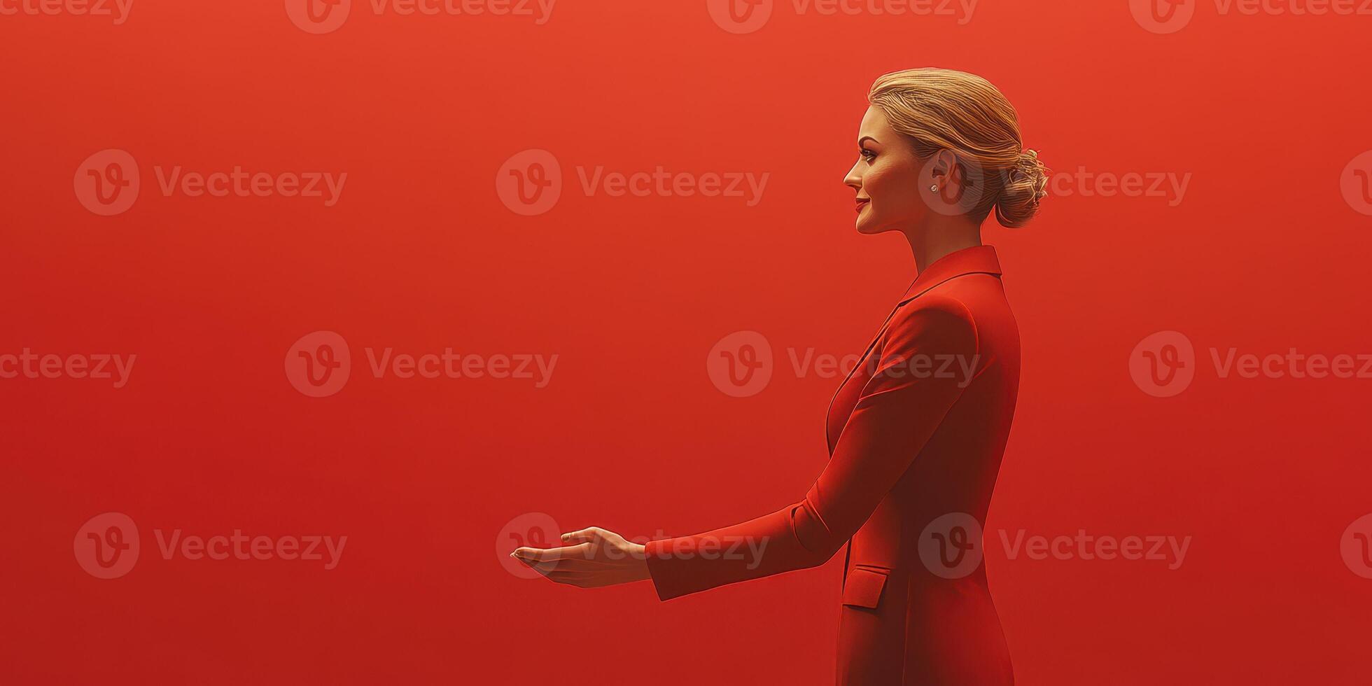 Woman in a red suit presenting against a bold red background during a professional event photo