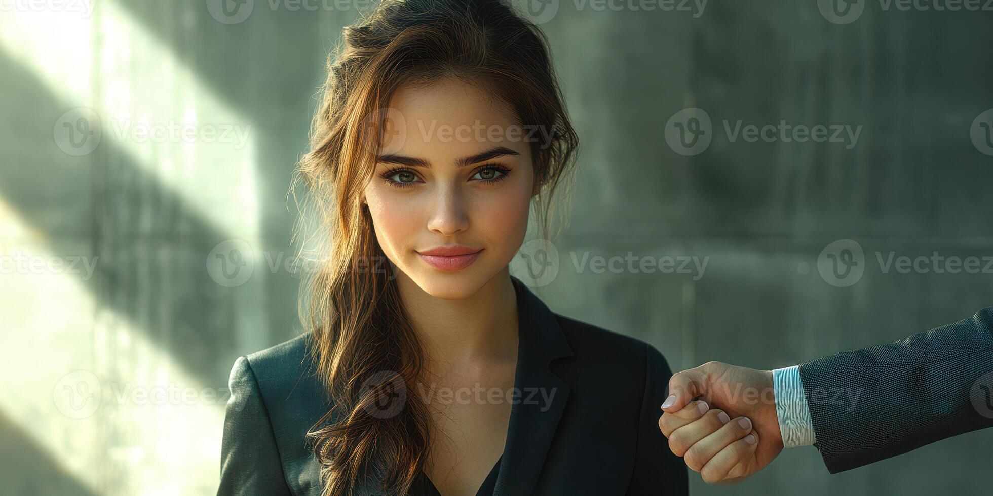 Close-up of a woman in a formal setting with distinct lighting and a subtle interaction from an unseen person photo