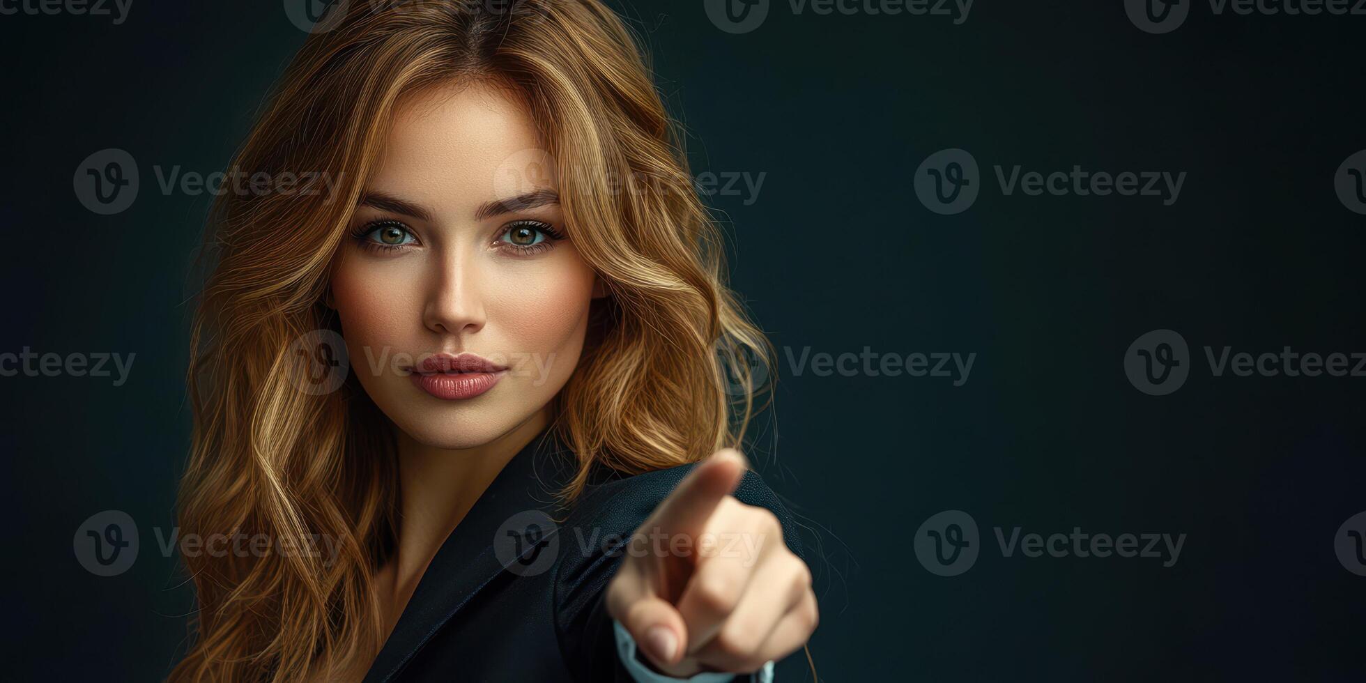Model with long hair poses confidently in a dark studio while pointing directly at the camera during a fashion shoot photo