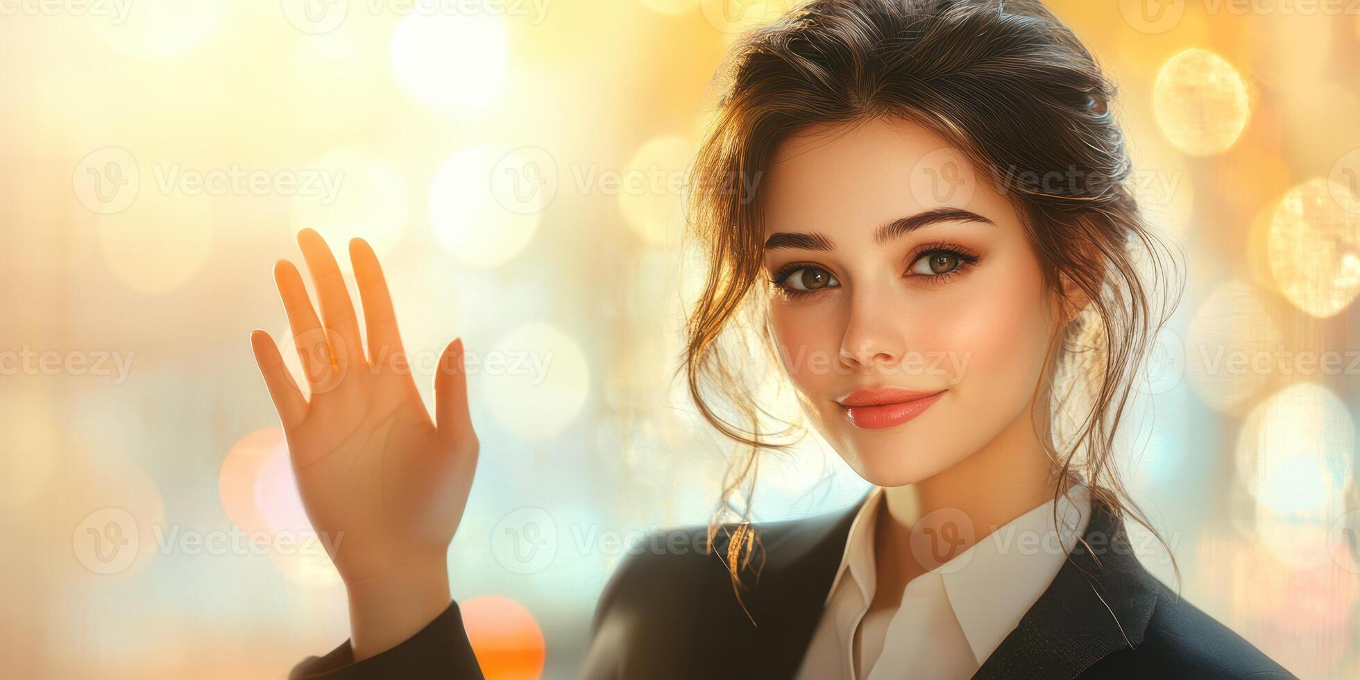 Smiling woman waving in a soft golden light setting, displaying warmth and professionalism photo