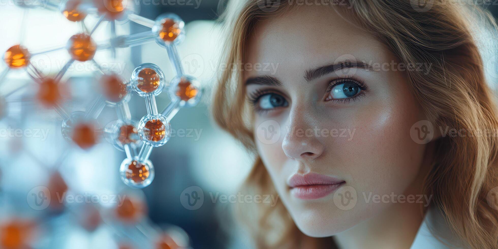 Young woman focused on molecular structure in a modern laboratory during daylight hours photo