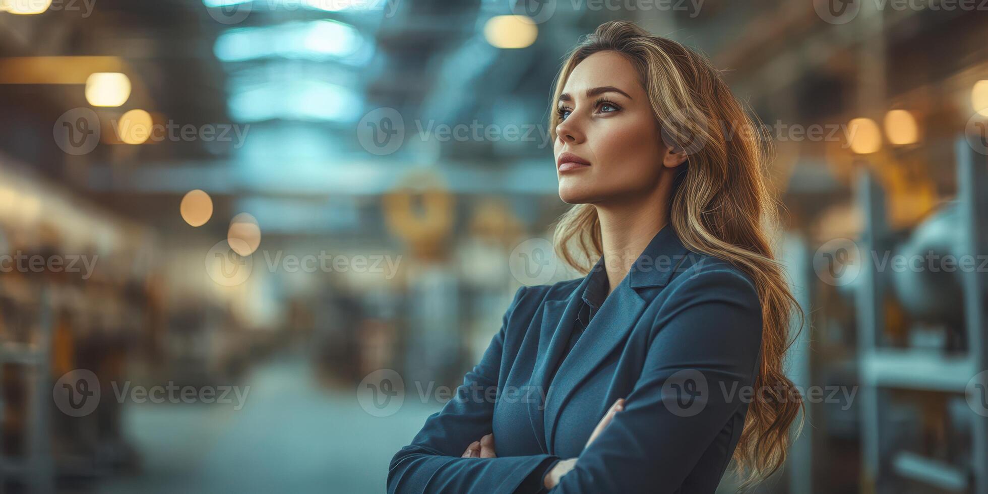 Confident businesswoman reflecting on decisions in a modern industrial workspace photo