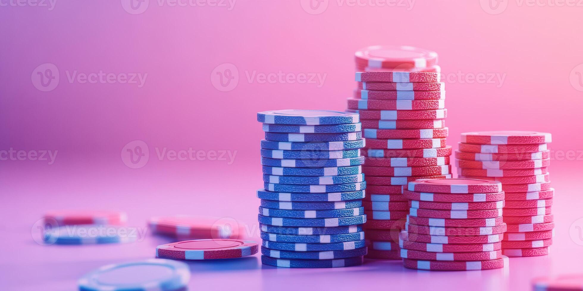 Colorful casino chips stacked on a gaming table during a lively casino night in Las Vegas photo