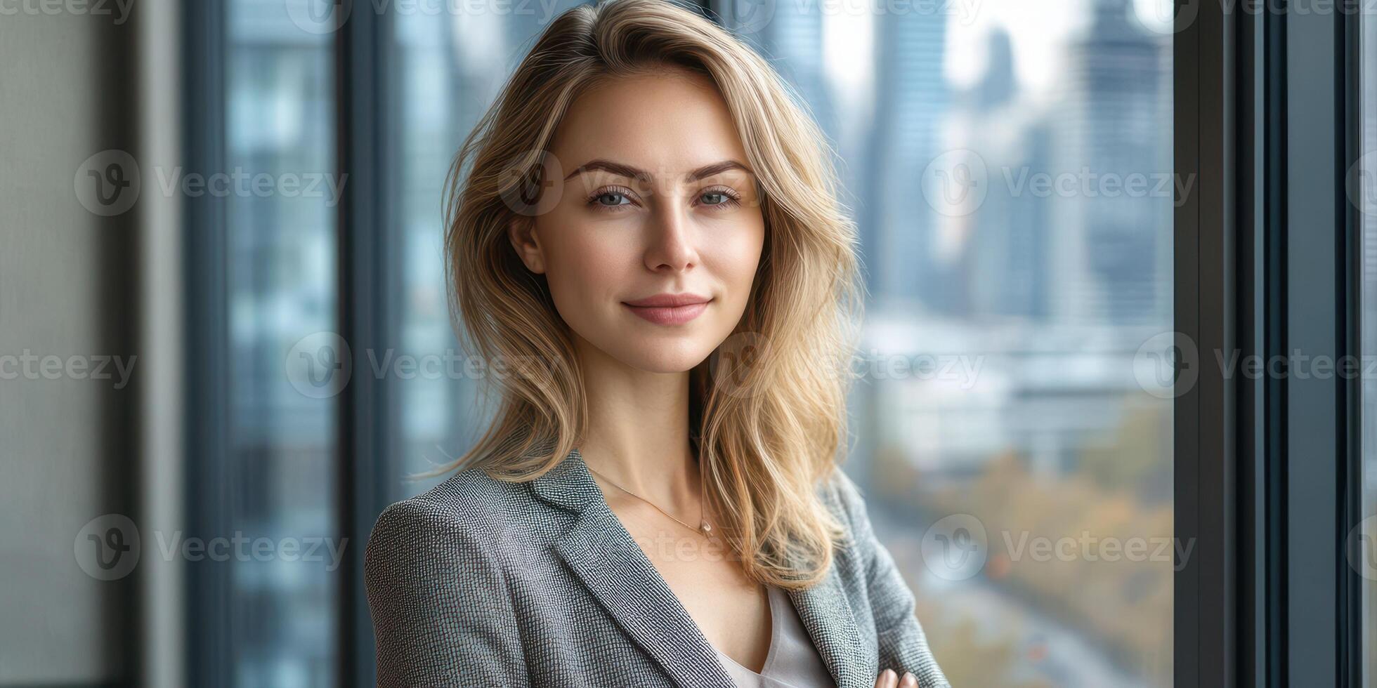 Professional woman stands confidently by large windows overlooking a city skyline during daylight hours photo