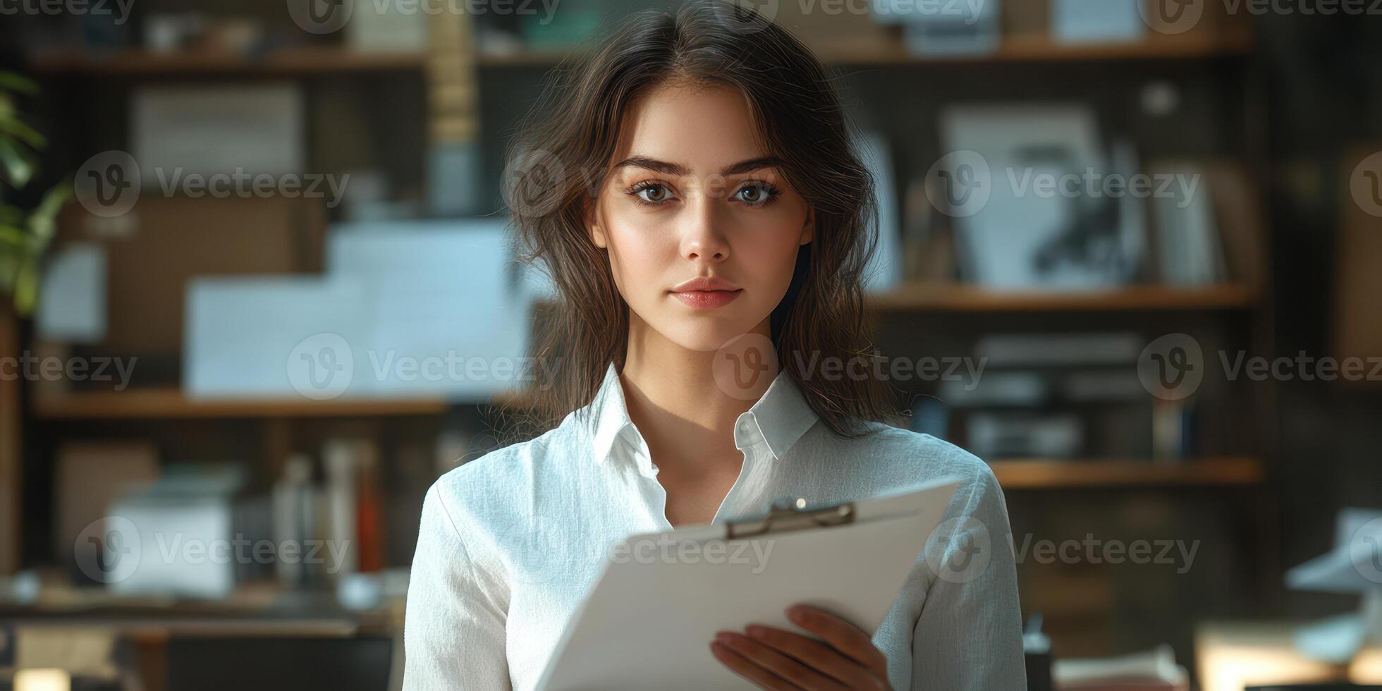 Young woman studying documents in a modern workspace filled with stationery and organized materials photo