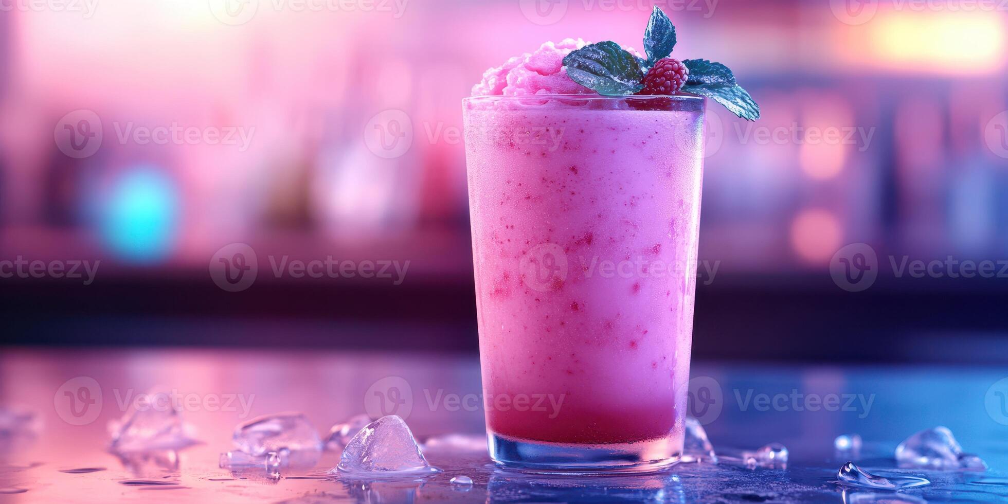 Colorful frozen drink served in a glass with mint and raspberry garnish at a lively bar photo
