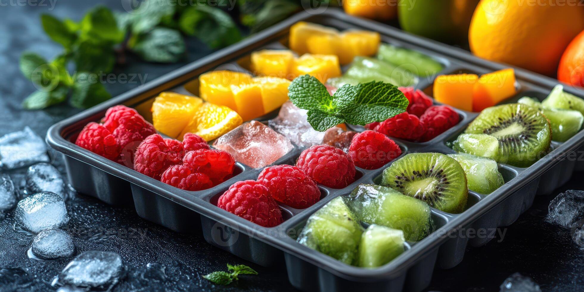 Colorful assortment of frozen fruit cubes ready for refreshing drinks and desserts photo