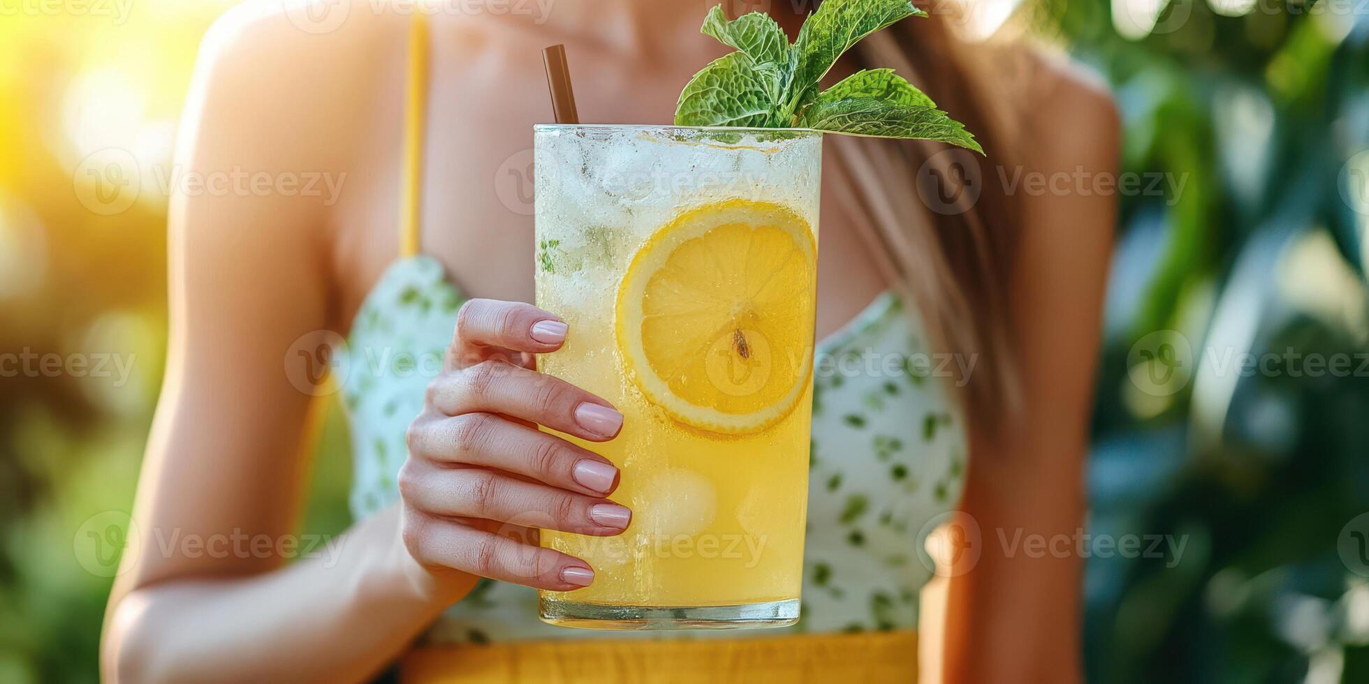Refreshing summer drink with lemon and mint served by a woman in a sunny garden setting during late afternoon photo
