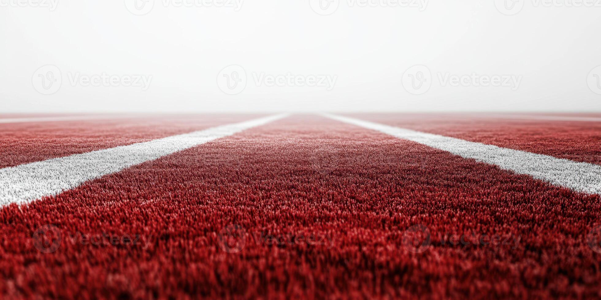 Red turf field stretching into the distance with white lines under soft morning light photo