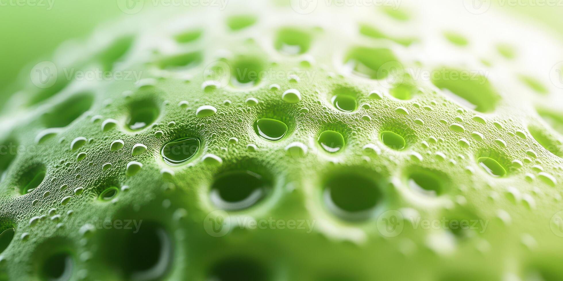 Close-up of textured green surface with water droplets creating a natural pattern in soft lighting photo