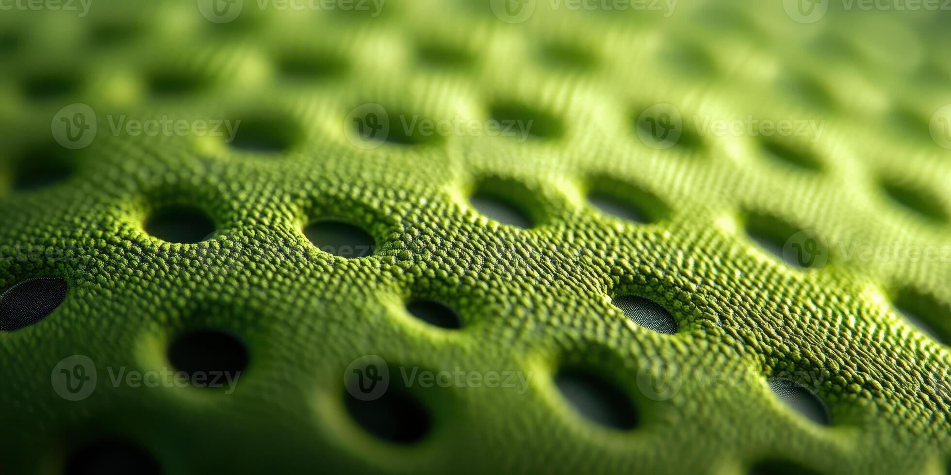 Close-up view of a textured, green material with perforations highlighting unique design features and functionality photo