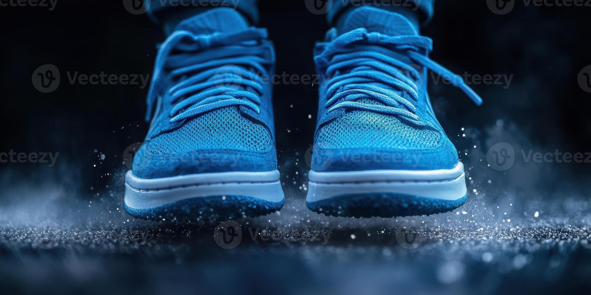 Bright blue sneakers in motion create a dynamic splash on a wet surface during an evening run photo