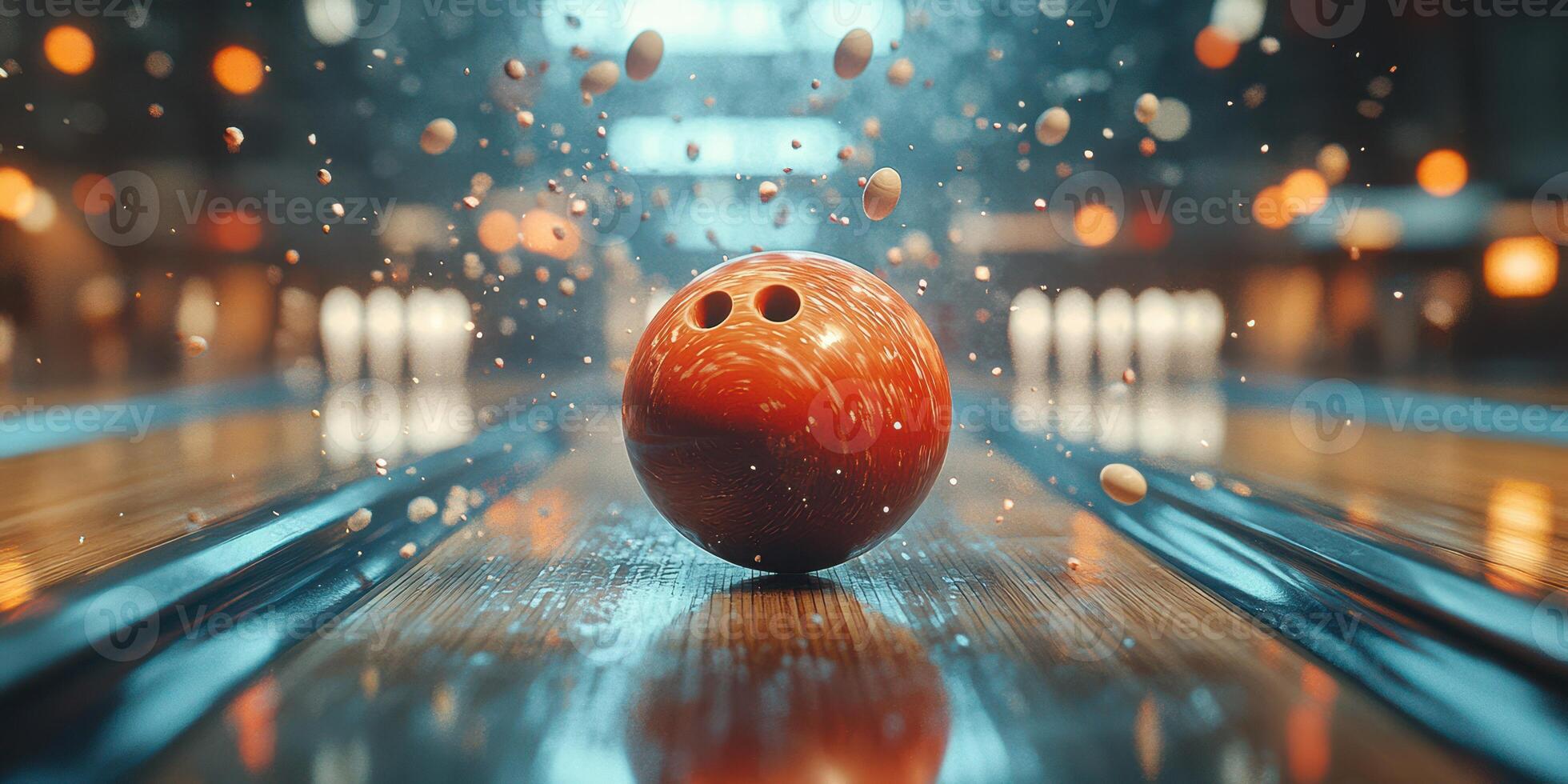 Bowling ball rolling down lane creating pins explosion at bowling alley during evening hours photo