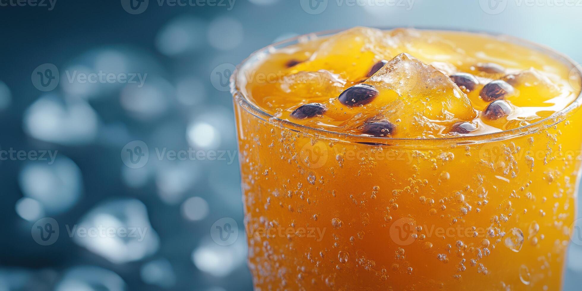 Refreshing citrus beverage with ice and bubbles captured in a close-up view for a summer vibe photo