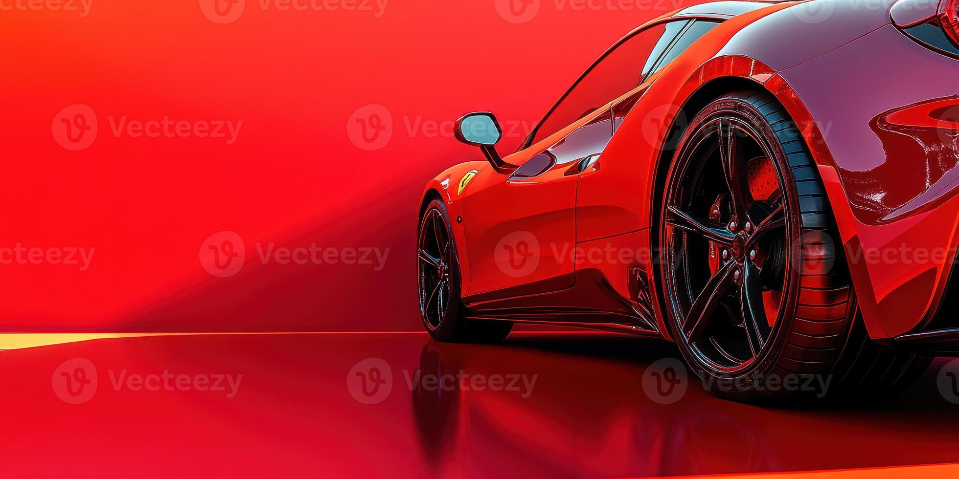 Sleek red sports car parked against a vibrant red backdrop in a modern setting showcasing its design details and curves photo