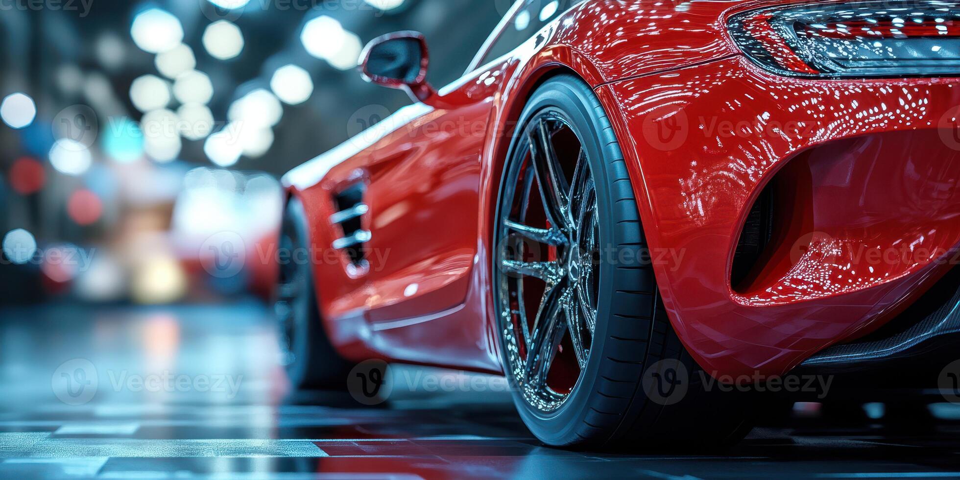 Stunning red sports car parked in a vibrant automotive showroom with modern lighting photo