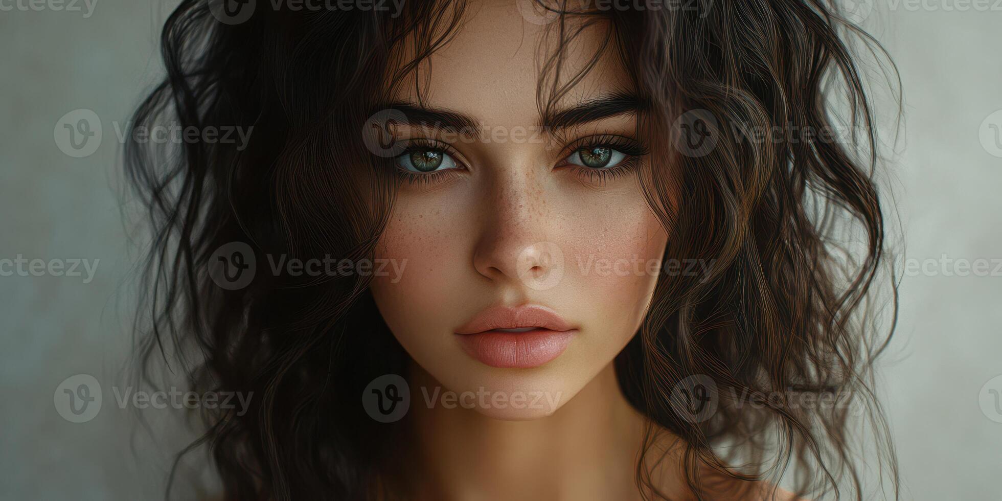 Captivating portrait of a young woman with curly hair and striking eyes in a soft, neutral setting photo