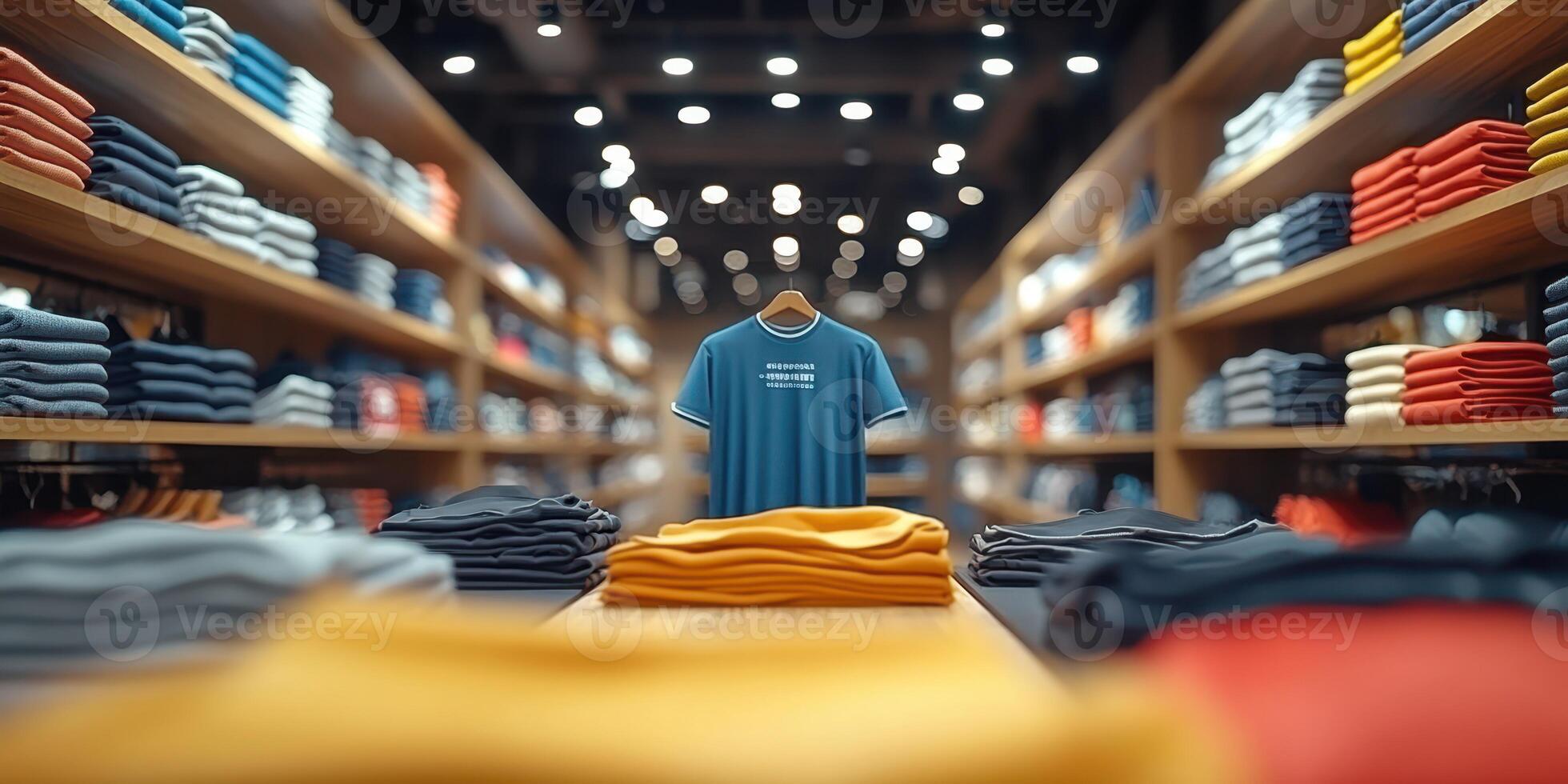Colorful t-shirts stacked neatly in a retail store with shelves filled with various styles and colors photo