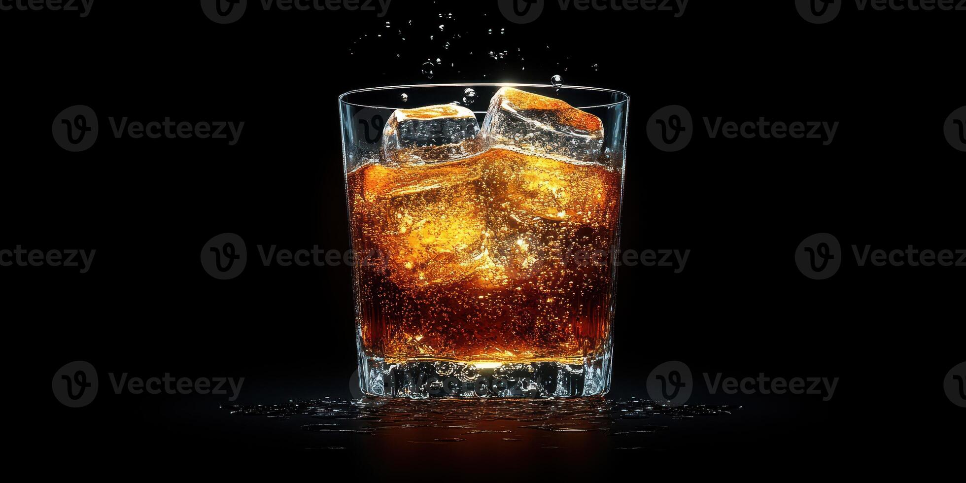 Refreshing beverage with ice cubes in a glass against a black background showcasing bubbles photo