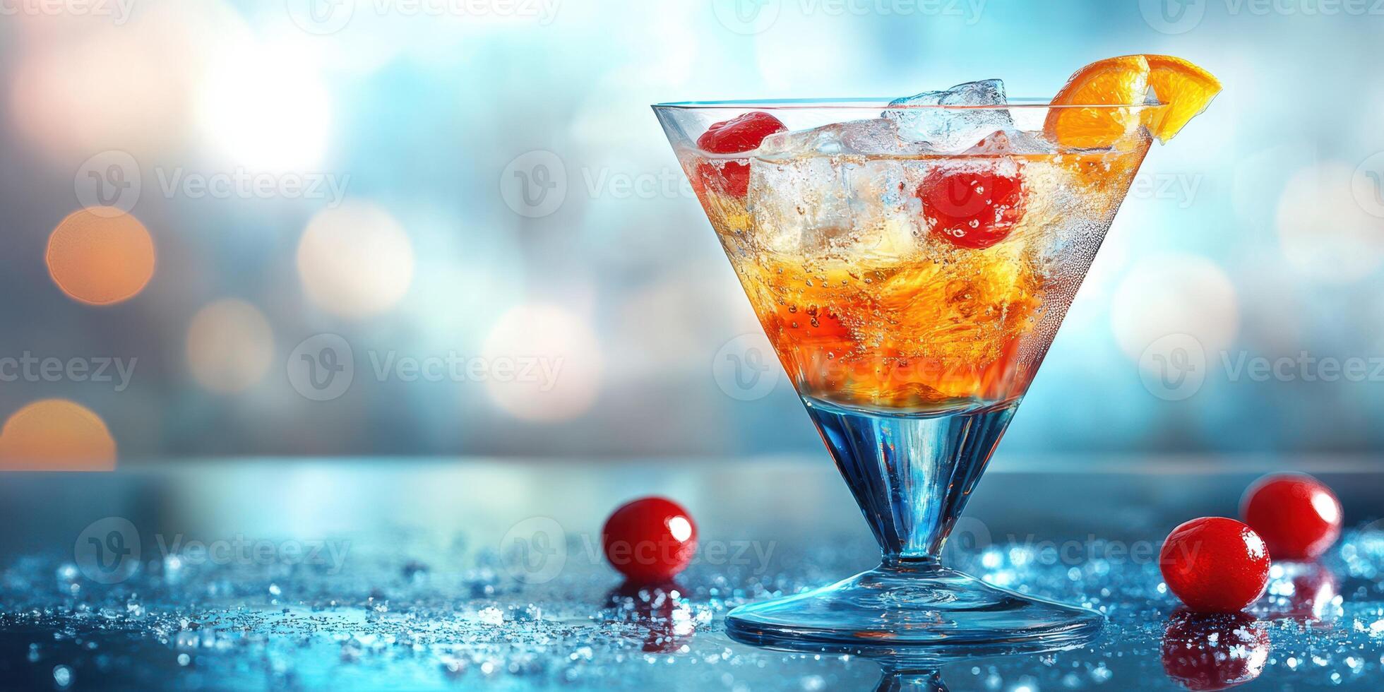 Colorful cocktail served in a elegant glass garnished with cherries and an orange slice on a relaxed evening setting photo
