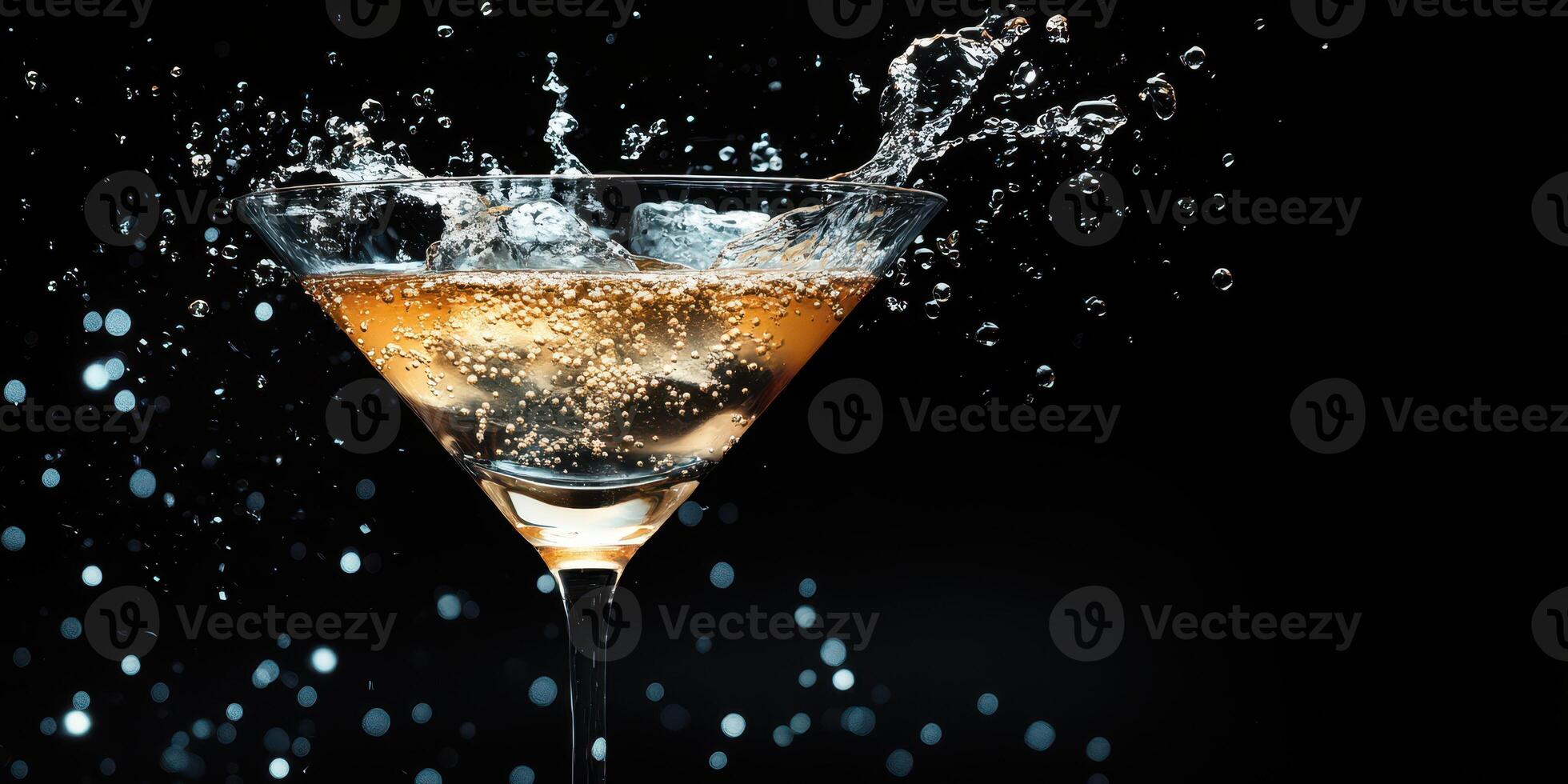 Sparkling cocktail splashes in a clear martini glass against a dark background with shimmering lights photo